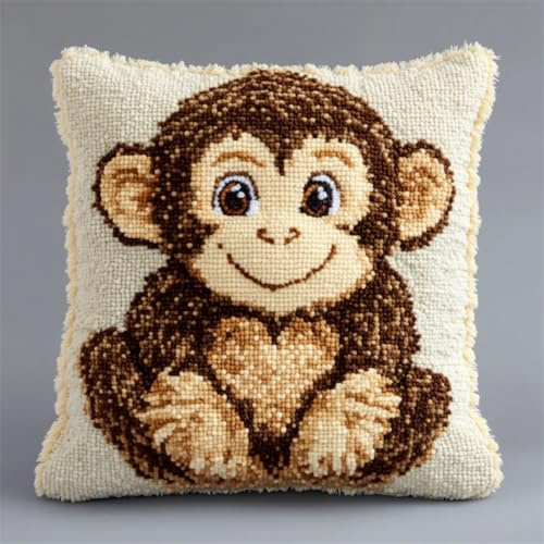 RKFLGEW DIY Knüpfkissen Mit Vordruck Fantasie Affe Tier DIY Knüpfkissen-Set，Anfänger，Erwachsene，Teenager，Geschenk，Stickerei，Heimdekoration 43x43cm