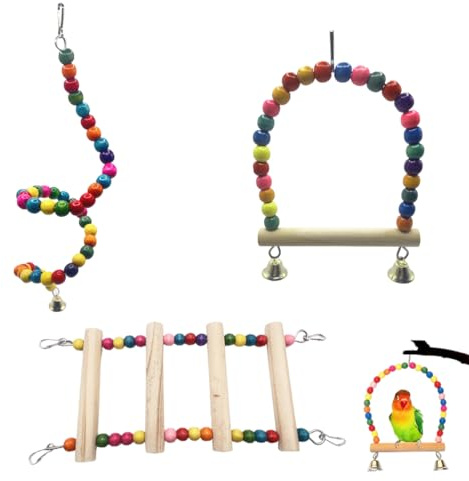 3 Pezzi Set per Uccelli, Gabbia,Campana, Scala in Altalena, Trespolo per Pappagalli e Uccelli, giocattoli per uccelli e pappagalli,accessori per gabbia, giochi per pappagalli, giocattolo da masticare