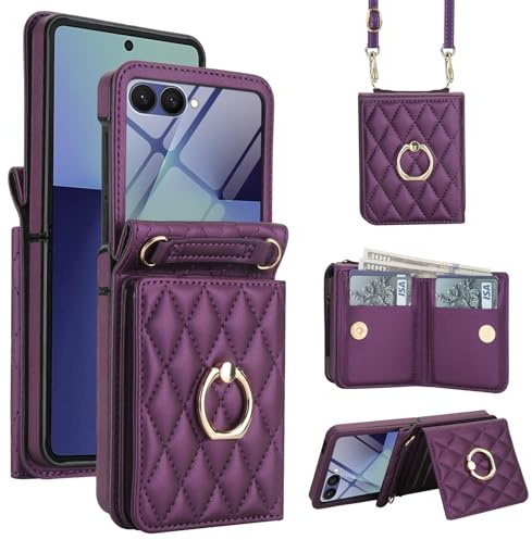 Konstreet för Samsung Galaxy Z Flip 7 plånboksfodral – Crossbody handväska skydd med snodd, ring, korthållare, skärmskydd och ställ (mörklila)