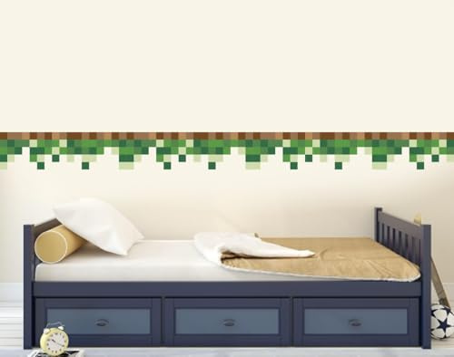 Finedeco Pixel Art Grass Border Decal, Retro Gaming Craft Trim, Green and Brown Earth Block Strip, 2 Meter x 15 cm Wallpaper Sticker