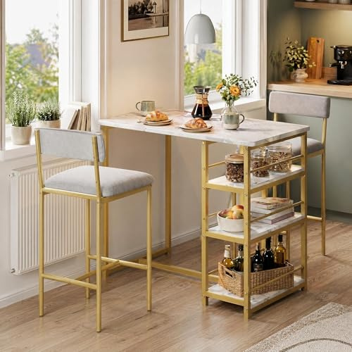 GarveeMore Bartisch mit Stühlen 2 Personen, Küchentheke Tresentisch mit Stauraum & Gepolsterten Barhockern, Bistrotisch Hausbar Set, Stehtisch mit Hocker, Goldmarmor-Optik & Grauer Samt