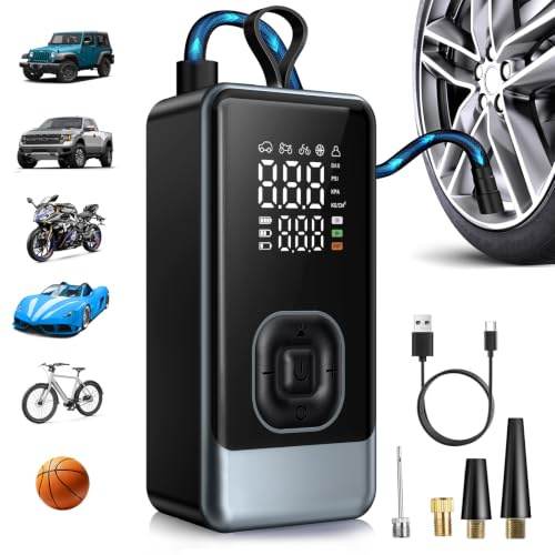 YIFRHYO Tyre Inflator Air Compressor,150PSI Portable Cordless Car Tyre Pump with Digital Pressure Gauge,Auto Shut-Off & LED Light,Rechargeable Electric Bike Pump for Car,Motorcycle,Bicycle,Ball