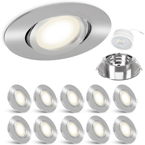 linovum 10er Set LED extra flache Decken Einbauleuchten rund - inkl. LED Modul 4W neutralweiß - Einbauspot Edelstahl Optik schwenkbar