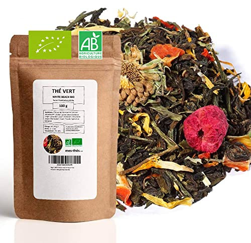 Thé Vert bio Framboise Fraise Pêche - White Beach - 100g (40 tasses) - Thé en vrac 100% agriculture biologique - Mes-Thés