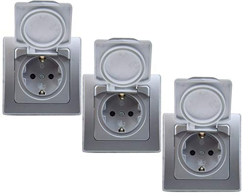ChiliTec Unterputz-Steckdose Delphi IP44 3x Feuchtraum, Grau Silber | Schutz-Deckel, Gummidichtung, Innen Aussen, Küche Bad Terrasse Balkon