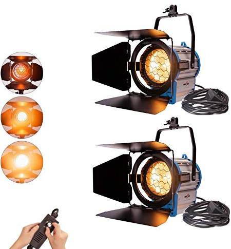 Kit Eclairage Continu Studio Photo: 2 x Vidéo Fresnel 1000W Lumière Dimmable Eclairage Mandarine Projecteur avec Ampoule Halogène 1000W pour Photographie
