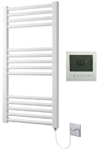 Greenedhouse Milano WHITE Flat Electric Towel Rail W400mm x H800mm Flat Electric Towel Radiator With Timer | Includes 7 Day Timer/Thermostat, Heated, Bathroom Radiator, Towel Warmer, Flat, Straight