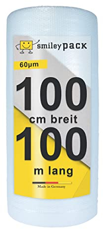 smiley pack 1 x Luftpolsterfolie 1,0 x 100 m Bubble Wrap Polsterfolie Fläche 100 qm Dicke 60 my Bläschenfolie Noppenfolie Einpackfolie Blisterfolie Luftpolster Verpackungsmaterial (1)