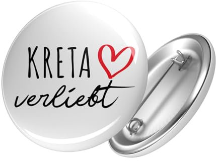 Huuraa Button Kreta verliebt Ansteckbutton 25mm mit Namen deiner lieblings Insel Geschenk Idee für Freunde und Familie