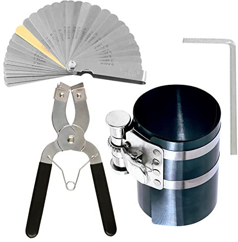 Swpeet Set di 4 compressori ad anello a pistone da 10,2 cm e attrezzi regolabili per l'installazione del pistone, pinza di rimozione con chiave inglese e sonde in acciaio inox, set per motore auto