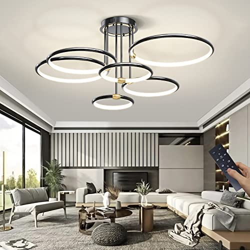LED Deckenleuchte Dimmbar Deckenlampe Schwarz Ring Design Moderne Wohnzimmerlampe Mit Fernbedienung Metall Beleuchtung für Schlafzimmer, Wohnzimmer, Küche, Esszimmer Pendelleuchte (6-Ring,105W,100cm)