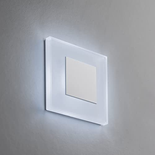 LED Treppenbeleuchtung Premium SunLED Small 230V 1W Echtes Glas Wandleuchten Treppenlicht mit Unterputzdose Treppen-Stufen-Beleuchtung Wand-Einbauleuchte (ALU: Weiß; LICHT: Kaltweiß, 8 Stück)