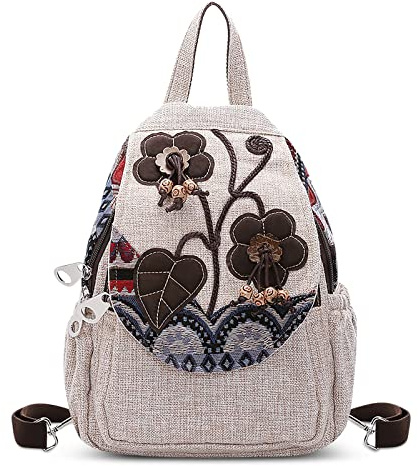 DIRRONA Damenrucksack Canvas Rucksack Damen Boho Vintage Kleiner Rucksack Damen Convertible Schultertasche Crossbody Brusttasche Damen Tagesrucksack für Reise Freizeit Kaffee Floral