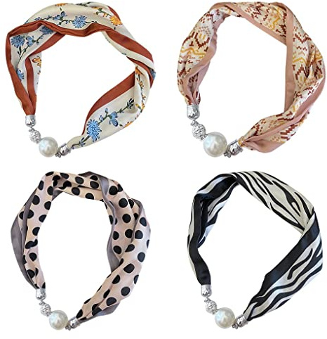 ACMEDE 4 Pack Women's Scarves Multi-purpose Pendant Scarf Small Narrow Neckerchiefs Women Stylish Scarf Magnetic Buckle Neckerchief Jewelry Neck Scarf Hairband with Jewelry Accessory