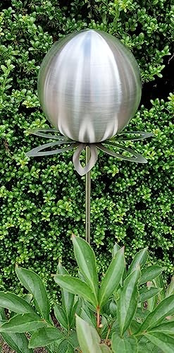Jürgen Bocker Garten-Ambiente Blütenzauber Paris Rosenkugel 15 cm Edelstahl Gartenstecker Deko mit Stab 80 cm (Silber matt)