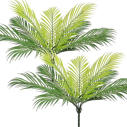 UXORSN 2Pcs Artificial Palm Leaves Tropical Bushes Faux Green Foliage Summer Decor Fake Areca Plants 50 cm Tall Palm Tree Leaf with Stems Jungle Greenery for Indoor Outdoor Home Wedding Party Table