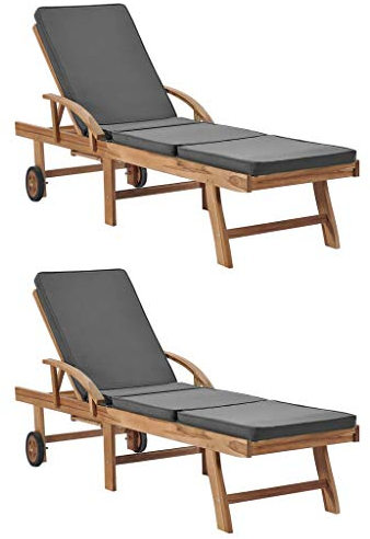 FIRBNUS Sonnenliegen mit Auflagen 2 STK. Teakholz Dunkelgrau Sonnenliege Set Sonnenliege Balkon Gartenmöbel Sonnenliege 2er Set Gartenliege mit Auflage Balkonmöbel Sonnenliege Holz Verstellbar