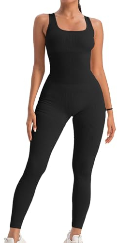 Gerippte Jumpsuit Damen Lang Eng Ärmellos Sport Yoga Bodycon Einteiler Body Elegant Eckigem Ausschnitt Fitness Gym Overall Hosenanzug Trainingsanzug Schwarz M