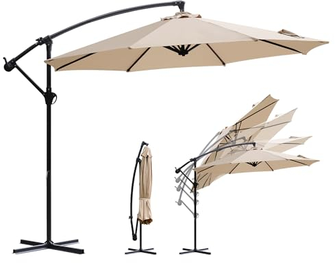 Sekey Ombrellone da giardino in alluminio, 300 cm, con manovella, con manovella, protezione solare UV50+, robusto e stabile per il giardino, tortora