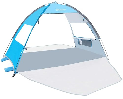 OutdoorMaster Beach Tent for 3 Person with 2 Doors, Easy Setup Sun Shade Shelter, Portable Beach Shade Sun Canopy with UPF 50+ UV Protection, Extendable Floor with Carrying Bag
