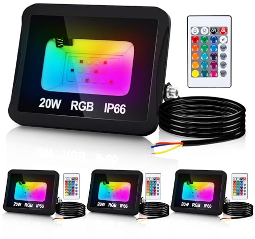 Yakimz 4 pièces 20W RGB Projecteur avec télécommande, projecteur LED RGB extérieur IP66 étanche, multicolore à intensité variable Smart Light, 16 couleurs 4 modes fonction mémoire pour Halloween Noël
