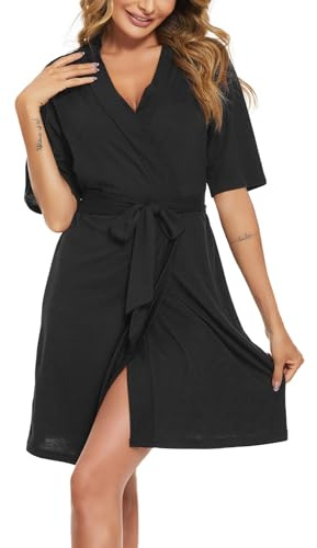 Rayson Peignoir Femme Court Luxueux Kimono Robes de Chambre en Coton Col V Courte à Manches Courtes Peignoir de Bain avec Ceinture S-XL(Noir,L)