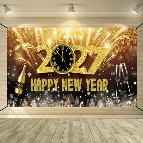 Silvester Deko 2027 Neujahrs Hintergrund Banner XXL Neujahr Dekoration, Happy New Year 2027 Stoff Banner für Silvester Thema Party Indoor und Outdoor