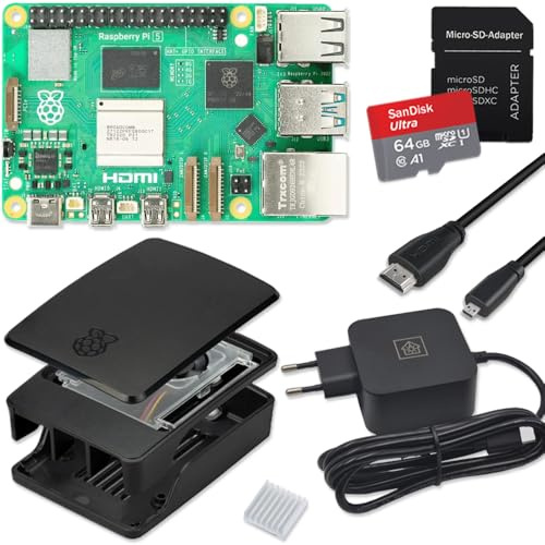Raspberry Pi 5 8GB Starter-Kit schwarz | USB-C 27W Netzteil | Gehäuse mit Lüfter | 64GB SD Karte | 4K Micro HDMI Kabel | Raspberry Pi 5 8GB RAM