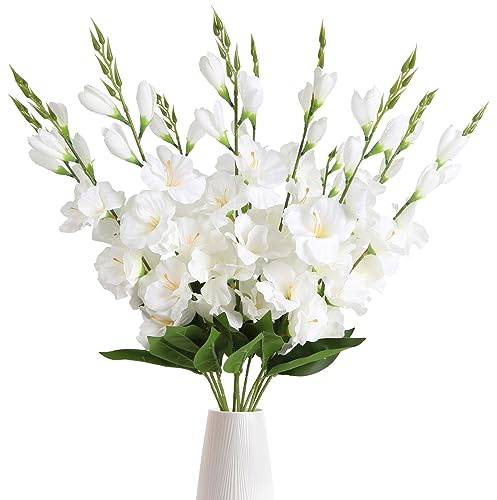 IPOPU White Gladiolus Artificial Flowers 10PCS Silk Gladiolus Flowers with Stems 30in Faux Flowers for Wedding Home Party Floral Arrangement Centerpiece Table Decoration(White)