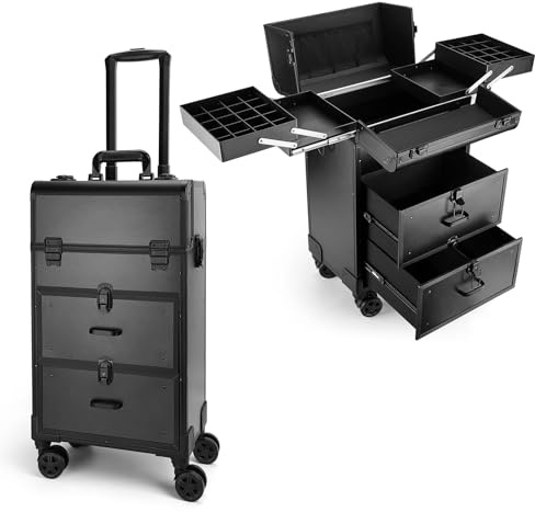 Yokilly Rolling Makeup Train Case, Professional Cosmetology Case on Wheels, Aluminum Cosmetic Trolley Travelling Cart Trunk with Swivel Wheels, Sliding Drawer & Keys for Nail Technician Stylist(Black)