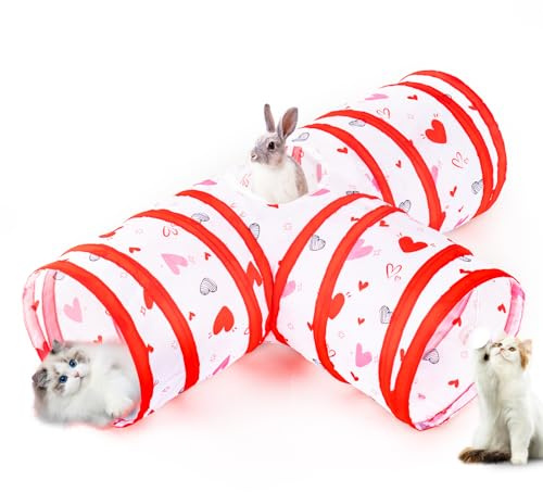 AOKUY Kaninchentunnel, Kaninchenspielzeug, zusammenklappbarer 3-Wege-Tunnel und Versteck mit interaktivem Ball, ideales Aktivitätsspielzeug für Kaninchen, Meerschweinchen und Kätzchen