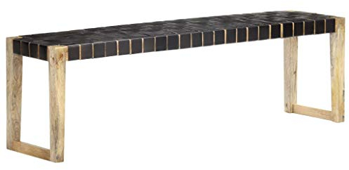 Home Items, Bank 150 cm, schwarzes Echtleder und massives Mangoholz, Anzugmöbel