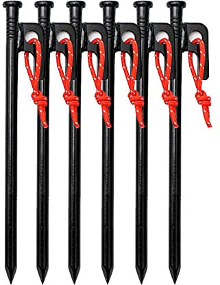 Robuste Zeltheringe, Zeltpflöcke, Campingzeltpflöcke, mit Haken und Loch, mit robuster Tragetasche, für Outdoor-Ausflüge, Wandern, Gartenarbeit, große, harte Böden, felsig, schwarz (schwarz, 6 S