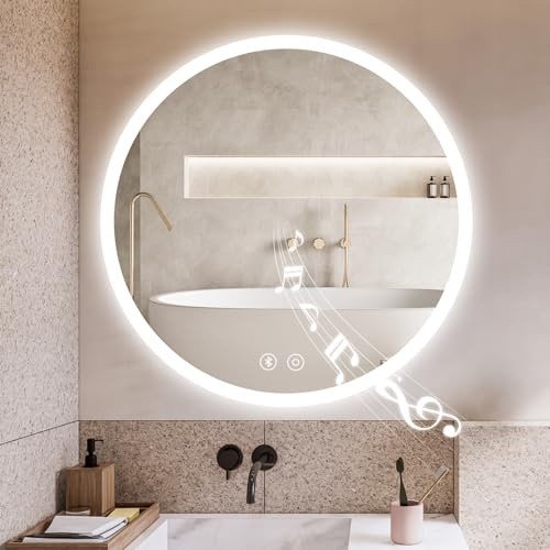 YOLEO Badezimmerspiegel mit Beleuchtung rund, Badspiegel LED mit Bluetooth-Lautsprecher, Wandspiegel mit Touchschalter und Explosionsgeschütztes Glas, 3 einstellbare Lichtfarbe, 60x60cm