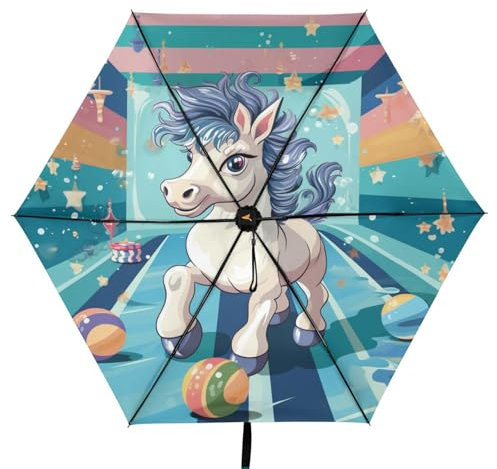 Linnyio Blaues Süßes Cartoon Einhorn Taschenschirm, UV-Schutz, Kompakter Reiseschirm, Sonnenschutz für Jungen und Mädchen