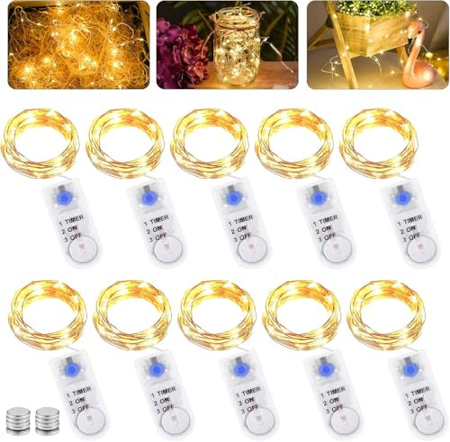 LED Lichterkette Batterie mit Timer, 2M 20LED Micro Batterie-betrieben Kupfer Drahtlichterkette Weihnachtsbeleuchtung für Zimmer, Innen, Weihnachten, Außen, Party, Hochzeit, DIY (10, Warmweiß)