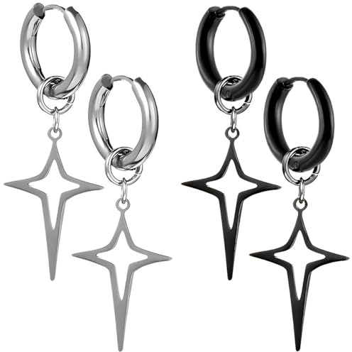 Kawailay 2 Paar Sterne Creolen Ohrringe Edelstahl Kreuz Stern Ohrstecker Rock Punk Stern Hängend Huggie Ohrringe für Herren Frau – Silber Schwarz