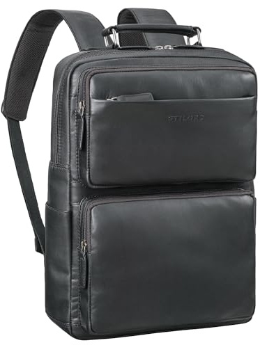 STILORD Roman Stor Laptop Ryggsekk Lær Herre Laptopsekk 15-16 Tommer Forretningsryggsekk Dame Stilig Kontor Uni Reiser Lærsekk med Laptoprom Ekte Lær Farbe:Svart