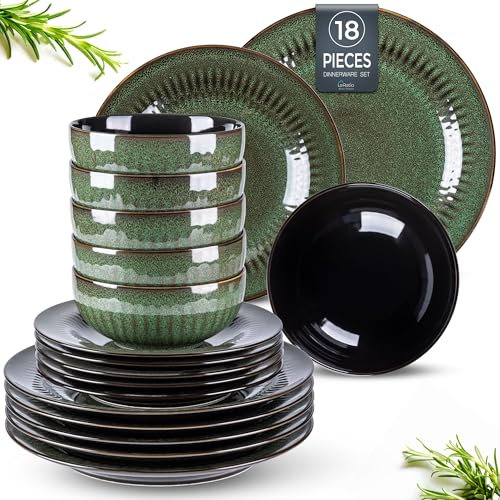 LeRatio Dinner Sets for 6 People, 18 Pieces Handcrafted Embossed Stoneware Plates and Bowls Set, Scratch Resistant Reactive Glaze Dinnerware Set, Dishwasher, Microwave Safe Crockery Set, Jade Green