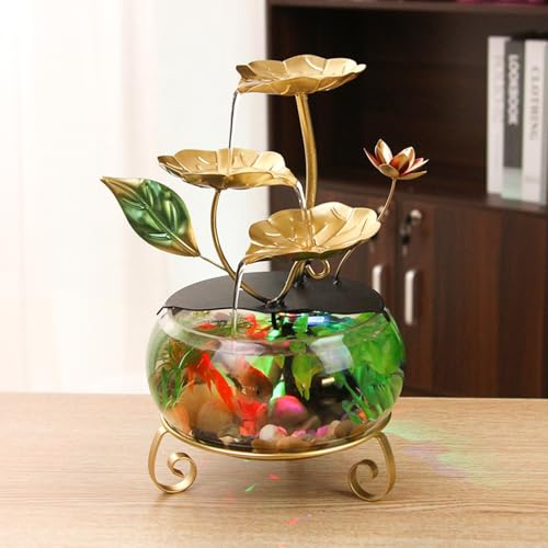 MIXIUJIEN Elegant Lotus Flower Tabletop Water Fountain with LED Light and Fish Bowl for Home and Office Decor – Calming Zen Indoor Water Feature with Floral Design