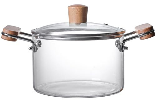 KWMAEEUID Glass Simmer Pot 2.5L Glass Cooking Pot with Cover and Wooden Handle Heat Resistant Transparent Glass Cookware Stovetop Pot Set Simmer Pot with Cover for Pasta Noodle So