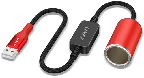 J&D USB A Male to 12V Car Cigarette Lighter Socket Female Converter Cable, 30 cm, 12V 18W Power Adapter, Compatible with Dash Cam, GPS, Car LED Light Strips, Red