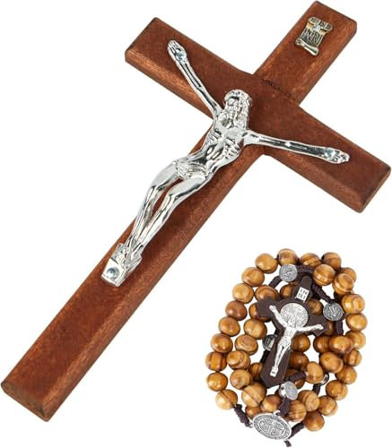 2 Stück Kruzifix Kreuz Set, Jesus Kreuz Holzkreuz Halskette, Wandkreuz und Brustanhänger, kombiniert mit Rosenkranz aus Holz, perfekt für katholische Heimdekoration, Gebete und spirituelle Besinnung