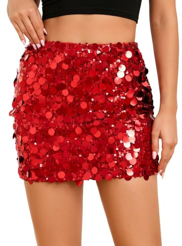 JasGood Pailettenrock für Damen Glitzer Rock Kurz Damen Sexy Minirock Hüftrock mit Elastische Taille Skirt für Party Rave Outfit Karneval Silvester,Rot,S