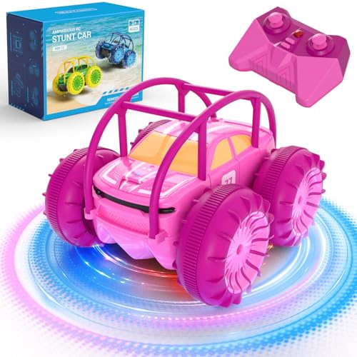 MaxTronic Direktladung Ferngesteuertes Auto mit LED Licht, Rosa Amphibien Wasserdichter RC Stunt Auto 360° Flips, 4WD 15KM/H Offroad 2.4G MonsterTruck Spielzeug Mädche Jungen für Kinder ab 3 Jahren