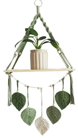 90x40 cm Boho Makramee Holzregal Wandbehang Makramee Girlande Gewebte Blatt Wandteppich Wandregal Wanddeko für Wohnzimmer, Schlafzimmer, Badezimmer, Flur (Grün)