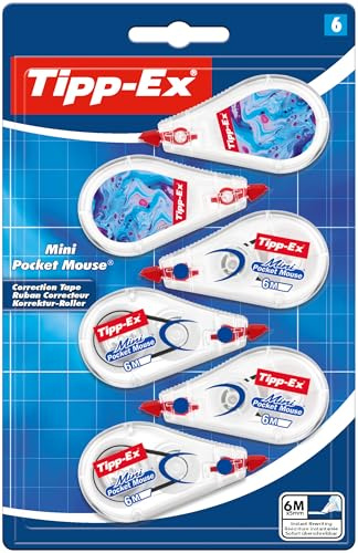 Tipp-Ex Mini Pocket Mouse Rubans correcteurs avec film plastique anti-déchirure - 2 motifs Hydro Dipping + 4 originaux, lot de 6