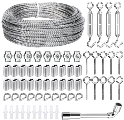 2mm 30m Stahlseil Kit, 304 Edelstahl Drahtseil, Drahtseil Edelstahl, Stahlseil mit Ösen, Für Gardinenseil, Kletterpflanzen,String Light Suspension,Wäscheleine