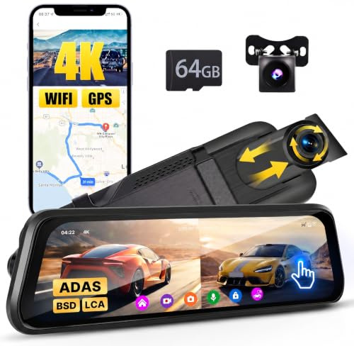 Inefala 4K WiFi Dashcam Espejo Retrovisor 9,66 GPS App Tarjeta SD de 64GB