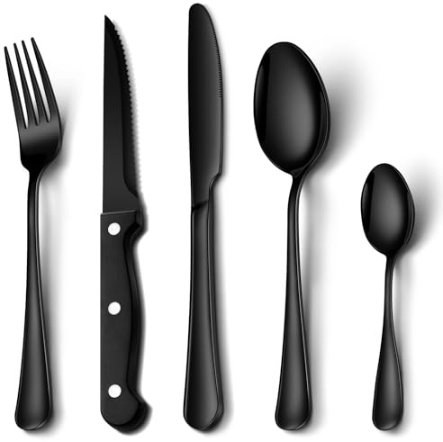 20 Pcs Black Cutlery Set with Steak Knives,NINIROR Food-Grade Stainless Steel Flatware Silverware Set for 4 People Include Spoon Knife and Fork Sets Mirror Polished Dishwasher Safe for Home Restaurant
